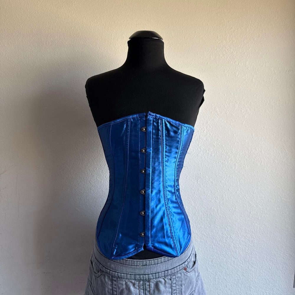 Royal Blue Satin Strapless Corset Silver Grommet Y2K Burlesque Bustier Top